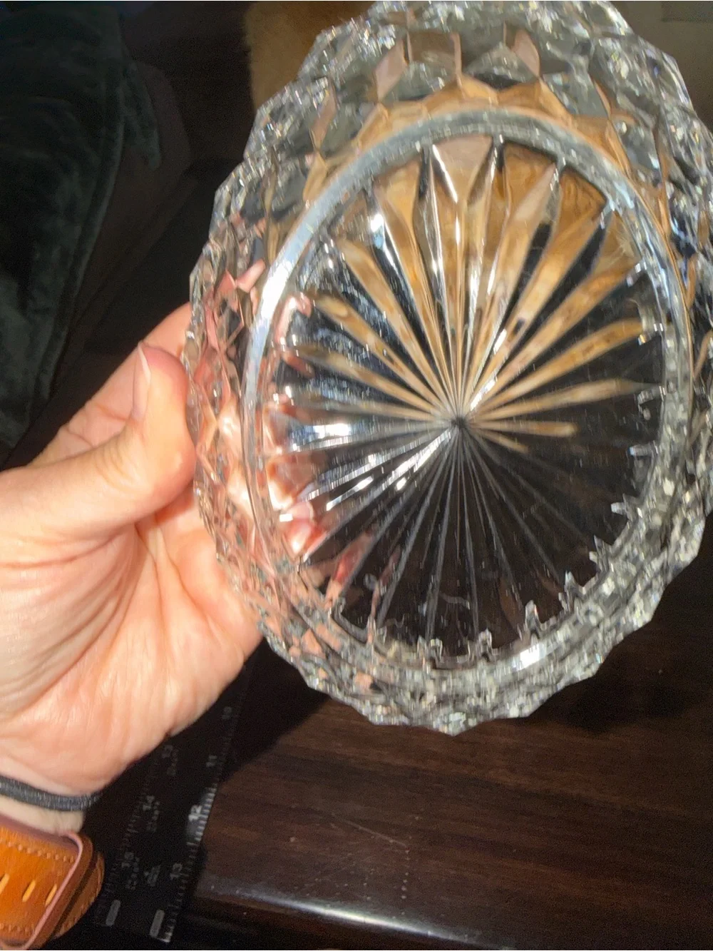 Vintage Pressed Glass with Sea Saw Edge and starburst pattern, cubist Mid-Centur
